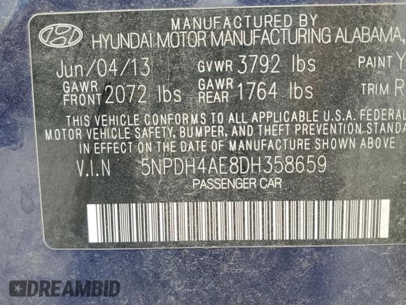 ✅ 2013 Hyundai Elantra GLS • VIN: 5NPDH4AE8DH358659 • Lot: 86520565. Listed on Copart with 298,975 mi. Free auction sales archive from the USA and detailed vehicle history report at DreamBid. Image 12.