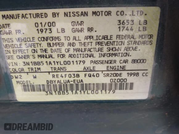 ✅ 2000 Nissan Sentra • VIN: 3N1BB51A1YL001179 • Lot: 42498303. Listed on IAAI with 79,303 mi. Free auction sales archive from the USA and detailed vehicle history report at DreamBid. Image 9.