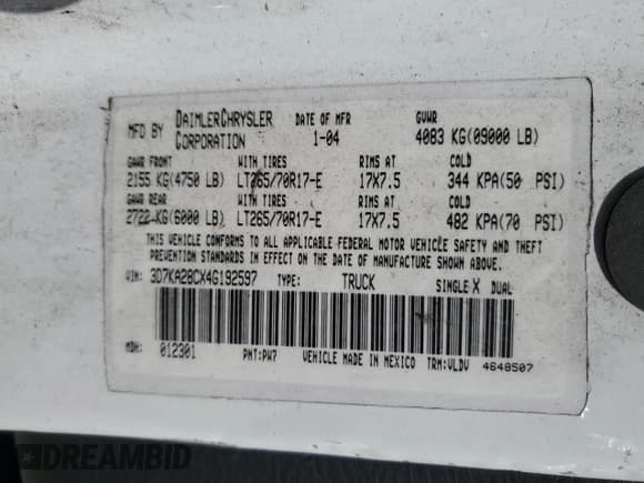 ✅ 2004 Dodge 2500 SLT • VIN: 3D7KA28CX4G192597 • Lot: 91721725. Wystawiony na Copart z przebiegiem 256 078 mil. Bezpłatny archiwum sprzedaży aukcyjnych z USA i szczegółowy raport historii pojazdu na DreamBid. Zdjęcie 12.