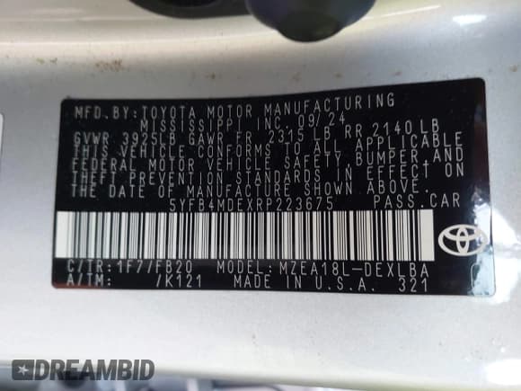 ✅ 2024 Toyota Corolla LE • VIN: 5YFB4MDEXRP223675 • Lot: 43523405. Listed on IAAI with 19,404 mi. Free auction sales archive from the USA and detailed vehicle history report at DreamBid. Image 9.