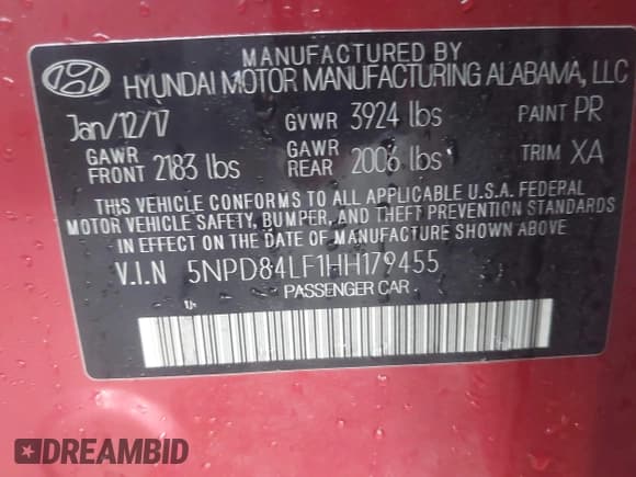 ✅ 2017 Hyundai Elantra Limited • VIN: 5NPD84LF1HH179455 • Lot: 43397337. Listed on IAAI with 51,162 mi. Free auction sales archive from the USA and detailed vehicle history report at DreamBid. Image 9.