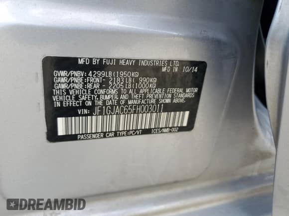 2015 Subaru Impreza Premium with VIN JF1GJAC65FH003011, listed as a Copart auction lot 68417355 with 193,467 mi miles and Salvage title. Bid and sale history available at DreamBid. Image 12.