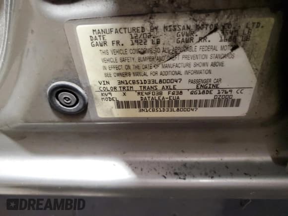 ✅ 2003 Nissan Sentra GXE • VIN: 3N1CB51D33L800047 • Lot: 68689035. Wystawiony na Copart z przebiegiem 110 060 mil. Bezpłatny archiwum sprzedaży aukcyjnych z USA i szczegółowy raport historii pojazdu na DreamBid. Zdjęcie 12.