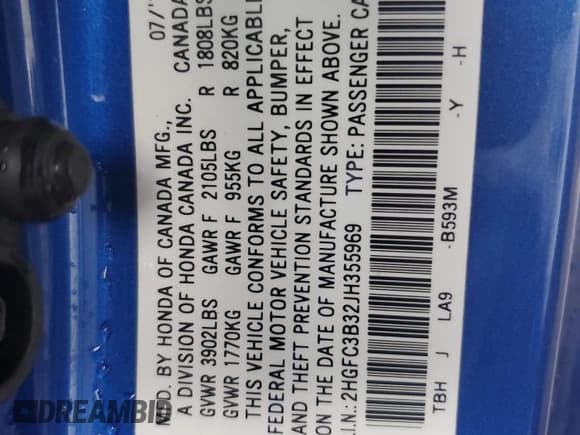 ✅ 2018 Honda Civic EX-T • VIN: 2HGFC3B32JH355969 • Lot: 93127415. Wystawiony na Copart z przebiegiem 147 618 mil. Bezpłatny archiwum sprzedaży aukcyjnych z USA i szczegółowy raport historii pojazdu na DreamBid. Zdjęcie 13.
