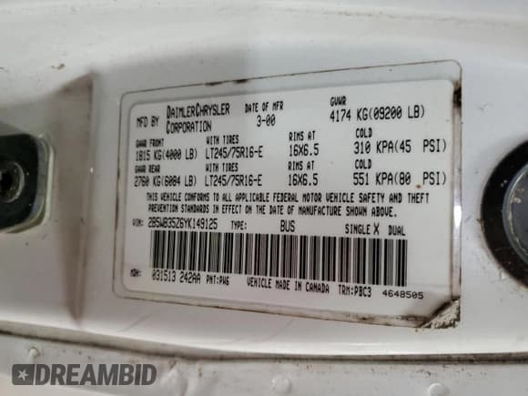 ✅ 2000 Dodge Passenger • VIN: 2B5WB35Z6YK149125 • Lot: 86195464. Listed on Copart with 145,882 mi. Free auction sales archive from the USA and detailed vehicle history report at DreamBid. Image 13.