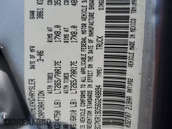 2006 Dodge 1500 SLT с VIN 3D7KR19D56G248894, выставлен на аукционе Copart как лот 69880334 с пробегом 142 134 миль миль и Списание • Salvage title. История ставок и продаж доступна на DreamBid. Изображение 12.