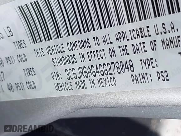2016 Ram 1500 Express z VIN 3C6JR6AG4GG278048, wystawiony jako IAAI lot #43393792 z przebiegiem Nie podano mil oraz . Historia ofert i sprzedaży dostępna na DreamBid. Obrazek 9.