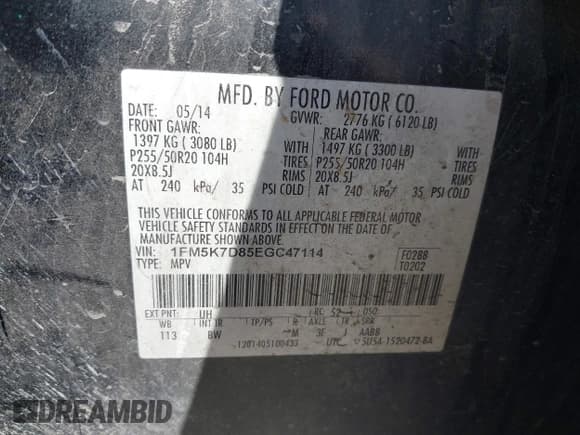 ✅ 2014 Ford Explorer XLT • VIN: 1FM5K7D85EGC47114 • Lot: 43571672. Listed on IAAI with 174,061 mi. Free auction sales archive from the USA and detailed vehicle history report at DreamBid. Image 9.