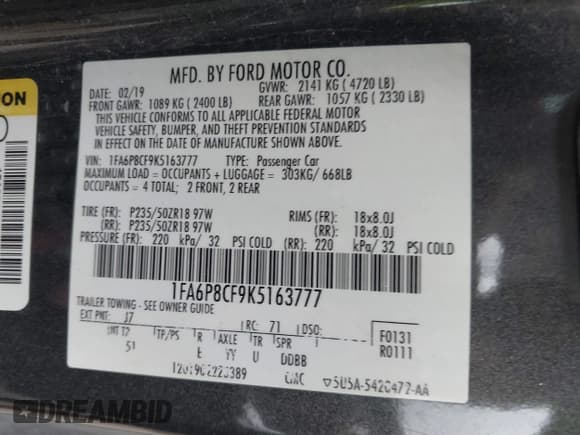 ✅ 2019 Ford Mustang GT • VIN: 1FA6P8CF9K5163777 • Lot: 43092646. Listed on IAAI with 95,807 mi. Free auction sales archive from the USA and detailed vehicle history report at DreamBid. Image 9.