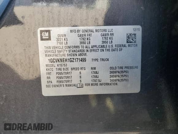 2016 Chevrolet Silverado 1500 Work Truck with VIN 1GCVKNEH1GZ171499, listed as a Copart auction lot 71405365 with 100,102 mi miles and Salvage title. Bid and sale history available at DreamBid. Image 12.