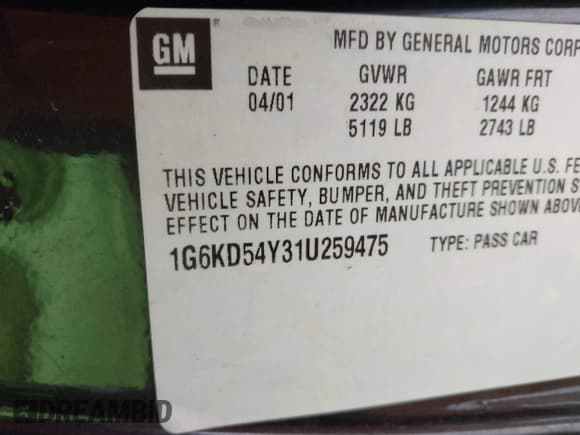 ✅ 2001 Cadillac DeVille • VIN: 1G6KD54Y31U259475 • Lot: 41566992. Listed on IAAI with Not provided. Free auction sales archive from the USA and detailed vehicle history report at DreamBid. Image 9.