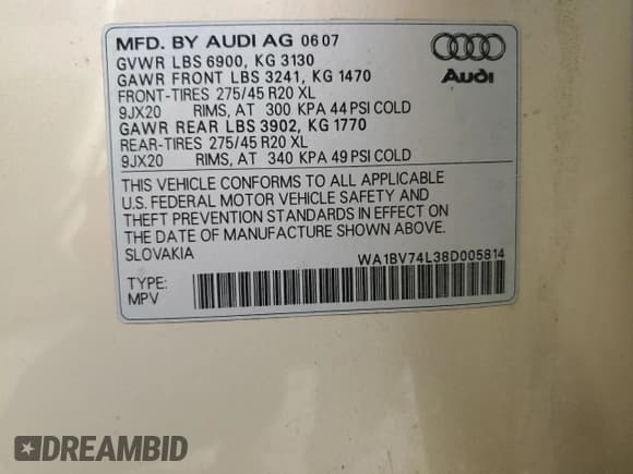 ✅ 2008 Audi Q7 Premium • VIN: WA1BV74L38D005814 • Lot: 61542005. Listed on Copart with 142,553 mi. Free auction sales archive from the USA and detailed vehicle history report at DreamBid. Image 14.