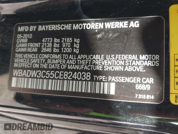 ✅ 2012 BMW 3 Series 328i • VIN: WBADW3C55CE824038 • Lot: 41225823. Listed on IAAI with 118,145 mi. Free auction sales archive from the USA and detailed vehicle history report at DreamBid. Image 9.