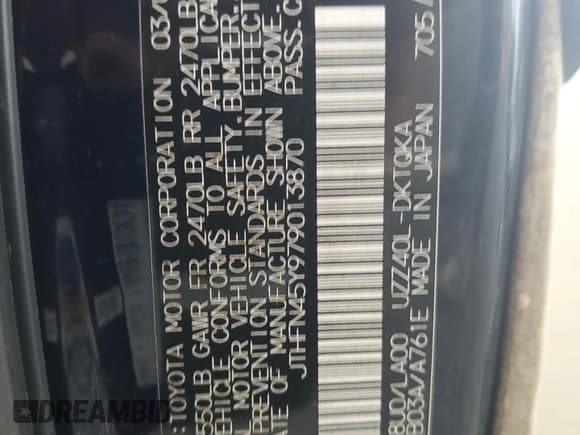 ✅ 2007 Lexus SC 430 • VIN: JTHFN45Y979013870 • Lot: 63039145. Listed on Copart with 172,949 mi. Free auction sales archive from the USA and detailed vehicle history report at DreamBid. Image 12.