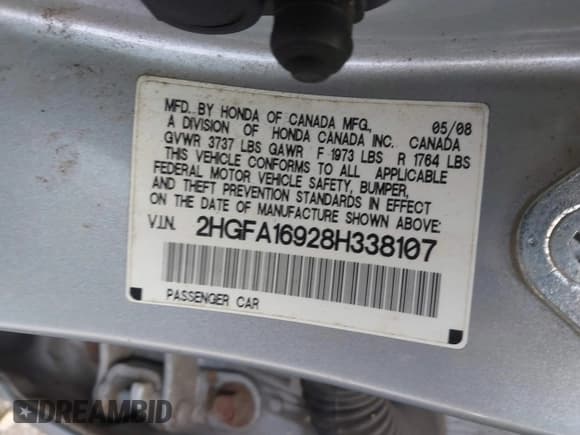 ✅ 2008 Honda Civic EX-L • VIN: 2HGFA16928H338107 • Lot: 42940646. Listed on IAAI with Not provided. Free auction sales archive from the USA and detailed vehicle history report at DreamBid. Image 9.