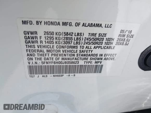 ✅ 2018 Honda Pilot Elite • VIN: 5FNYF6H00JB058623 • Lot: 42323415. Listed on IAAI with 102,015 mi. Free auction sales archive from the USA and detailed vehicle history report at DreamBid. Image 9.