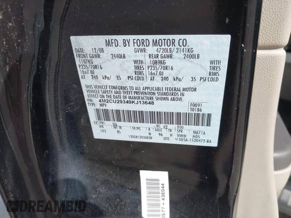 2009 Mercury Mariner Hybrid с VIN 4M2CU29349KJ13648, выставлен на аукционе IAAI как лот 42244149 с пробегом 169 921 миль миль и . История ставок и продаж доступна на DreamBid. Изображение 9.