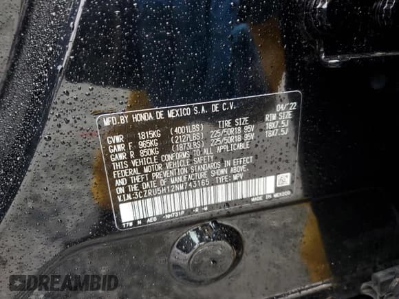 ✅ 2022 Honda HR-V Sport • VIN: 3CZRU5H12NM743165 • Lot: 86611635. Listed on Copart with Not provided. Free auction sales archive from the USA and detailed vehicle history report at DreamBid. Image 12.