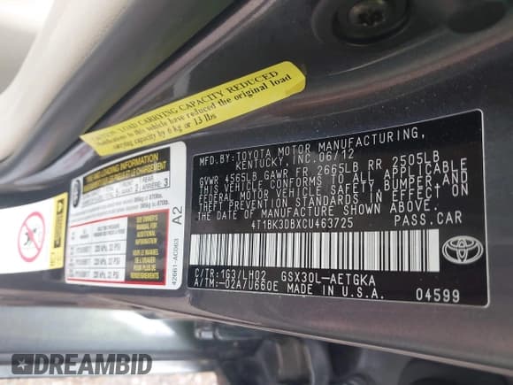 ✅ 2012 Toyota Avalon • VIN: 4T1BK3DBXCU463725 • Lot: 41483468. Wystawiony na IAAI z przebiegiem 151 197 mil. Bezpłatny archiwum sprzedaży aukcyjnych z USA i szczegółowy raport historii pojazdu na DreamBid. Zdjęcie 9.