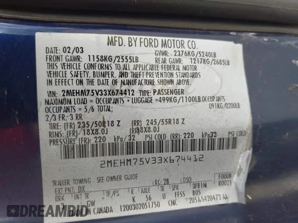 ✅ 2003 Mercury Marauder • VIN: 2MEHM75V33X674412 • Лот: 41879734. Опубликован ранее на IAAI с пробегом 181 984 миль. Бесплатный доступ к архиву аукционных продаж из США и подробный отчёт об истории автомобиля на DreamBid. Изображение 9.