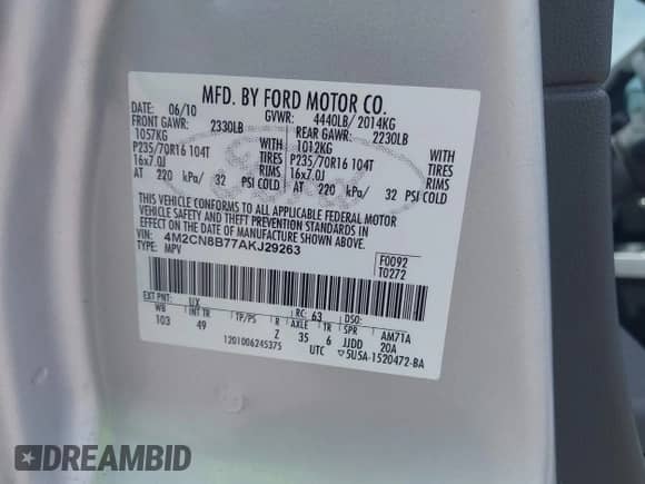 2010 Mercury Mariner z VIN 4M2CN8B77AKJ29263, wystawiony jako IAAI lot #42865830 z przebiegiem 138 528 mil mil oraz . Historia ofert i sprzedaży dostępna na DreamBid. Obrazek 9.