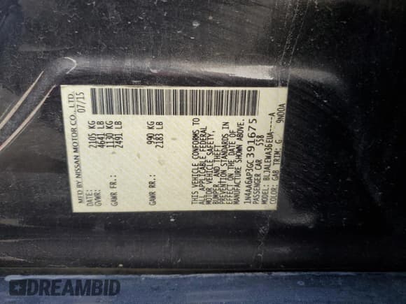 ✅ 2016 Nissan Maxima SV • VIN: 1N4AA6AP3GC391675 • Lot: 90084065. Listed on Copart with 167,808 mi. Free auction sales archive from the USA and detailed vehicle history report at DreamBid. Image 13.