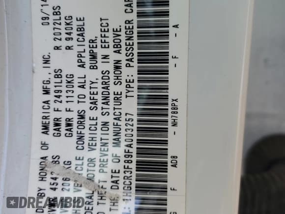 ✅ 2015 Honda Accord EX-L • VIN: 1HGCR3F89FA003257 • Lot: 92106975. Listed on Copart with 136,750 mi. Free auction sales archive from the USA and detailed vehicle history report at DreamBid. Image 12.