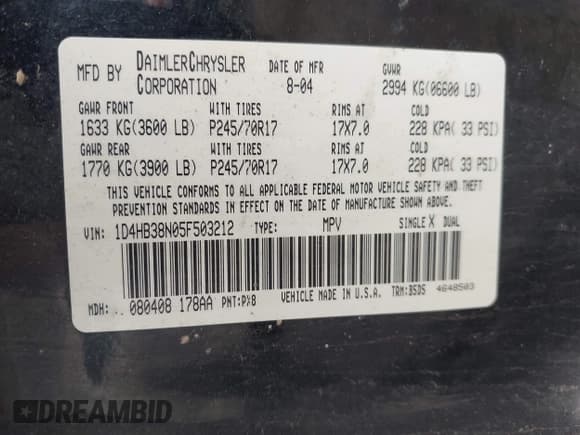 ✅ 2005 Dodge Durango SXT • VIN: 1D4HB38N05F503212 • Лот: 42614051. Опубликован ранее на IAAI с пробегом 192 155 миль. Бесплатный доступ к архиву аукционных продаж из США и подробный отчёт об истории автомобиля на DreamBid. Изображение 9.