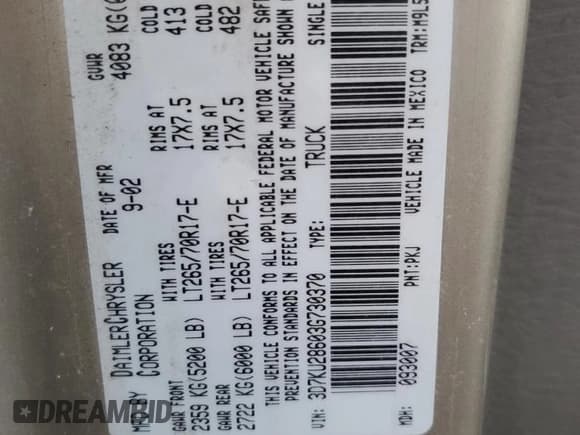 ✅ 2003 Dodge 2500 ST • VIN: 3D7KU28603G730370 • Лот: 87113665. Опубликован ранее на Copart с пробегом 206 858 миль. Бесплатный доступ к архиву аукционных продаж из США и подробный отчёт об истории автомобиля на DreamBid. Изображение 12.