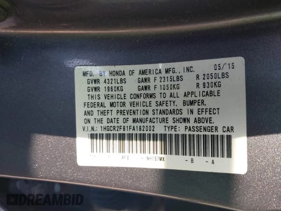 ✅ 2015 Honda Accord EX-L • VIN: 1HGCR2F81FA182002 • Lot: 43343552. Listed on IAAI with 135,341 mi. Free auction sales archive from the USA and detailed vehicle history report at DreamBid. Image 9.