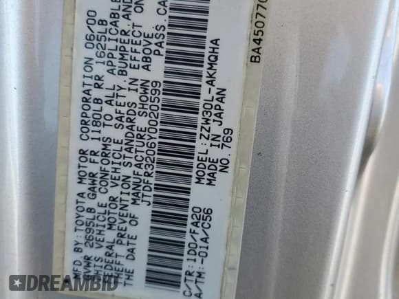 ✅ 2000 Toyota MR2 • VIN: JTDFR3206Y0020599 • Лот: 47316875. Опубликован ранее на Copart с пробегом Не указан. Бесплатный доступ к архиву аукционных продаж из США и подробный отчёт об истории автомобиля на DreamBid. Изображение 14.