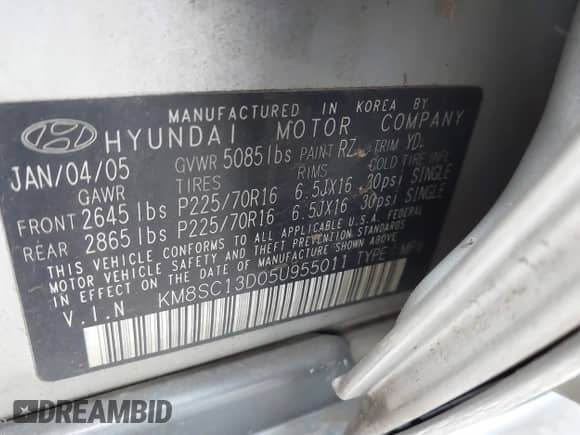 2005 Hyundai Santa Fe GLS с VIN KM8SC13D05U955011, выставлен на аукционе IAAI как лот 41496442 с пробегом Не указан миль и . История ставок и продаж доступна на DreamBid. Изображение 9.