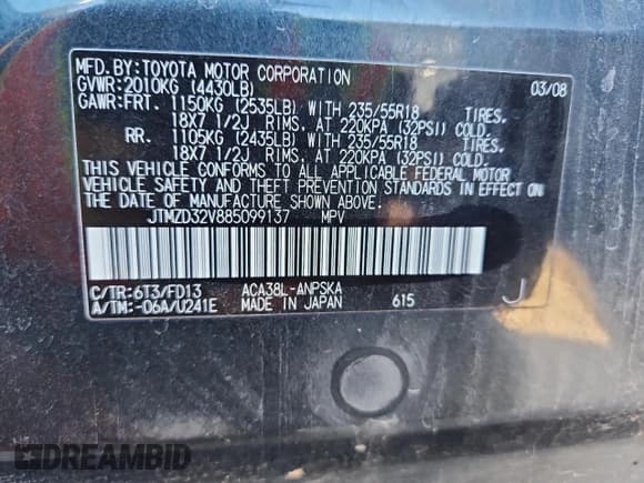 ✅ 2008 Toyota RAV4 Sport • VIN: JTMZD32V885099137 • Lot: 90758295. Listed on Copart with 211,427 mi. Free auction sales archive from the USA and detailed vehicle history report at DreamBid. Image 12.