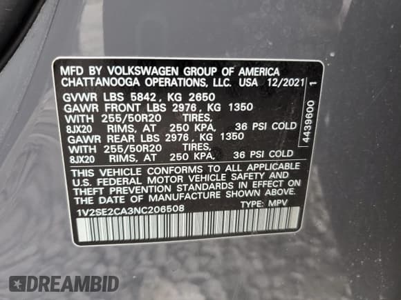 ✅ 2022 Volkswagen Atlas SEL R-Line • VIN: 1V2SE2CA3NC206508 • Lot: 67803595. Listed on Copart with 68,649 mi. Free auction sales archive from the USA and detailed vehicle history report at DreamBid. Image 13.