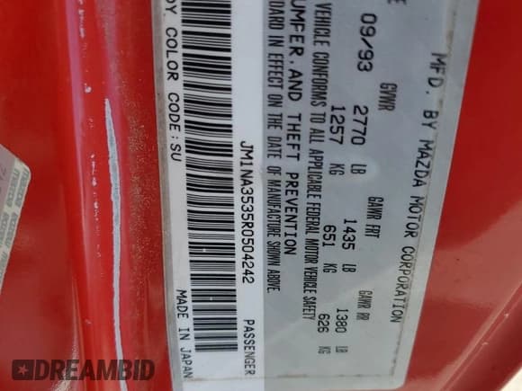 ✅ 1994 Mazda MX-5 Miata • VIN: JM1NA3535R0504242 • Лот: 64414495. Опубликован ранее на Copart с пробегом 92 779 миль. Бесплатный доступ к архиву аукционных продаж из США и подробный отчёт об истории автомобиля на DreamBid. Изображение 12.