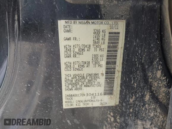 ✅ 2012 Nissan Titan SL • VIN: 1N6BA0EC7CN304116 • Lot: 41950392. Listed on IAAI with 194,352 mi. Free auction sales archive from the USA and detailed vehicle history report at DreamBid. Image 9.