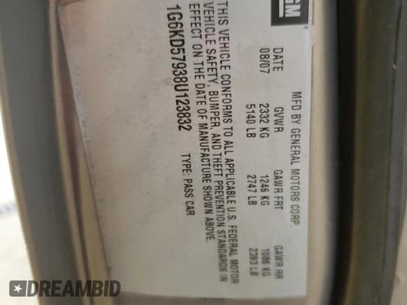 ✅ 2007 Cadillac DTS V8 • VIN: 1G6KD57Y77U182212 • Lot: 63569765. Listed on Copart with 73,640 mi. Free auction sales archive from the USA and detailed vehicle history report at DreamBid. Image 12.