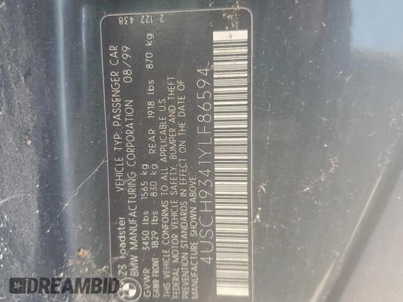 ✅ 2000 BMW Z3 2.5 • VIN: 4USCH9341YLF86594 • Lot: 61574905. Listed on Copart with 90,361 mi. Free auction sales archive from the USA and detailed vehicle history report at DreamBid. Image 12.