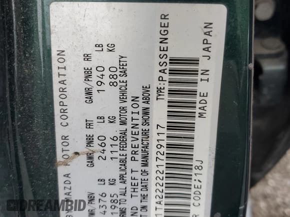 ✅ 2002 Mazda Millenia S • VIN: JM1TA222221729117 • Lot: 67893765. Listed on Copart with 89,111 mi. Free auction sales archive from the USA and detailed vehicle history report at DreamBid. Image 12.