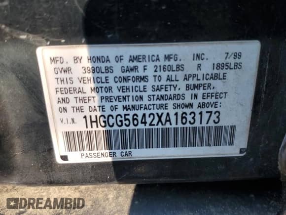 1999 Honda Accord LX z VIN 1HGCG5642XA163173, wystawiony jako Copart lot #81149825 z przebiegiem 200 390 mil mil oraz Szkoda całkowita • Salvage title. Historia ofert i sprzedaży dostępna na DreamBid. Obrazek 12.