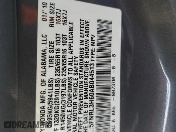 ✅ 2010 Honda Odyssey EX-L • VIN: 5FNRL3H60AB044513 • Lot: 84195805. Listed on Copart with 167,263 mi. Free auction sales archive from the USA and detailed vehicle history report at DreamBid. Image 14.