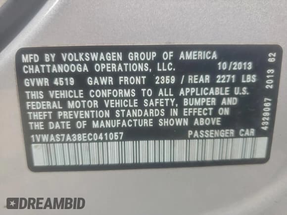 ✅ 2014 Volkswagen Passat S • VIN: 1VWAS7A38EC041057 • Lot: 94804345. Listed on Copart with 157,061 mi. Free auction sales archive from the USA and detailed vehicle history report at DreamBid. Image 12.