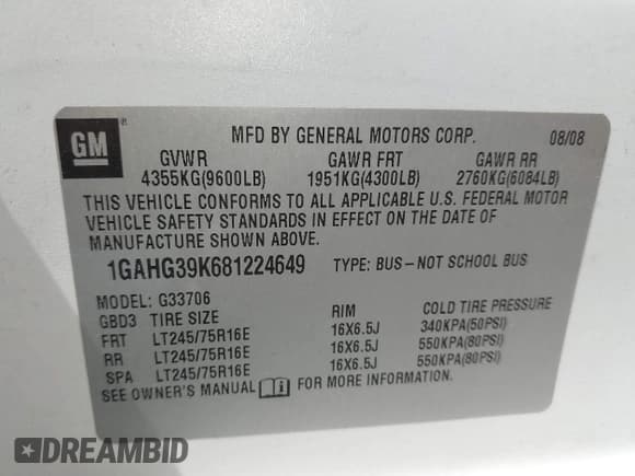 ✅ 2008 Chevrolet Express Passenger • VIN: 1GAHG39K681224649 • Lot: 43370075. Listed on IAAI with 243,802 mi. Free auction sales archive from the USA and detailed vehicle history report at DreamBid. Image 9.