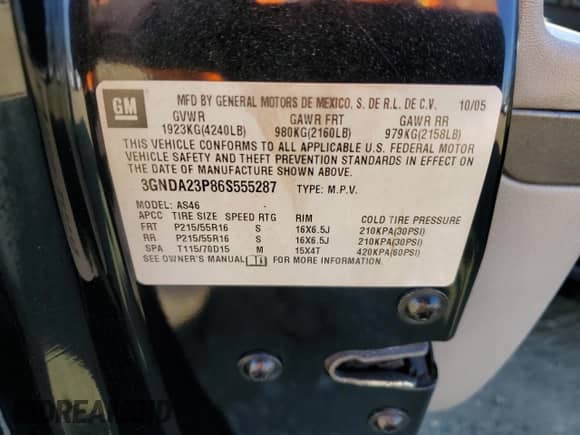 2006 Chevrolet HHR LT with VIN 3GNDA23P86S555287, listed as a Copart auction lot 76898294 with 204,731 mi miles and Salvage title. Bid and sale history available at DreamBid. Image 12.