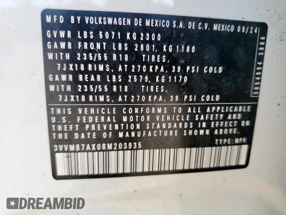 ✅ 2024 Volkswagen Tiguan SE • VIN: 3VVMB7AX0RM203935 • Lot: 80948165. Listed on Copart with 20,128 mi. Free auction sales archive from the USA and detailed vehicle history report at DreamBid. Image 14.