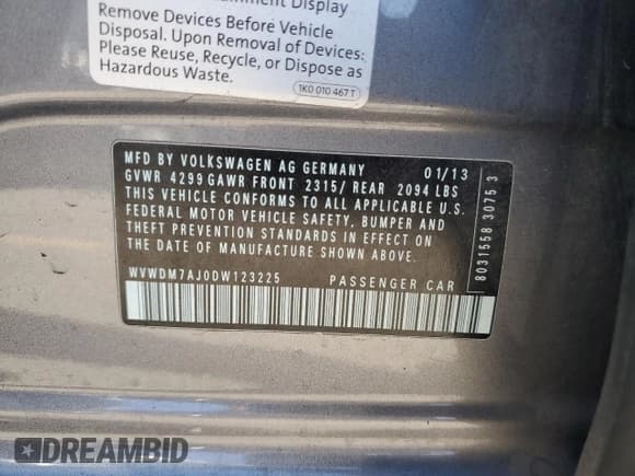 ✅ 2013 Volkswagen Golf TDI • VIN: WVWDM7AJ0DW123225 • Lot: 71839145. Wystawiony na Copart z przebiegiem 55 945 mil. Bezpłatny archiwum sprzedaży aukcyjnych z USA i szczegółowy raport historii pojazdu na DreamBid. Zdjęcie 12.