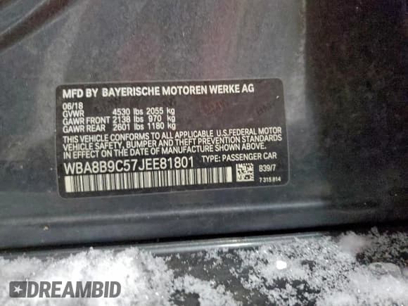 ✅ 2018 BMW 3 Series 330i • VIN: WBA8B9C57JEE81801 • Lot: 95073955. Listed on Copart with 105,358 mi. Free auction sales archive from the USA and detailed vehicle history report at DreamBid. Image 12.