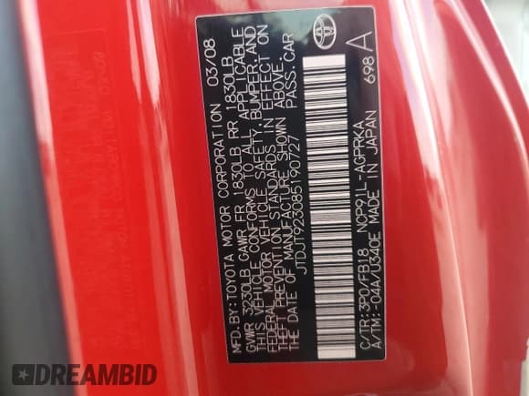 ✅ 2008 Toyota Yaris • VIN: JTDJT923085190727 • Лот: 93288115. Опубликован ранее на Copart с пробегом 154 884 миль. Бесплатный доступ к архиву аукционных продаж из США и подробный отчёт об истории автомобиля на DreamBid. Изображение 12.