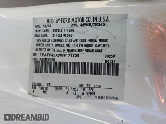 ✅ 1998 Ford Mustang GT • VIN: 1FAFP42X9WF179805 • Lot: 82494395. Listed on Copart with 142,724 mi. Free auction sales archive from the USA and detailed vehicle history report at DreamBid. Image 12.