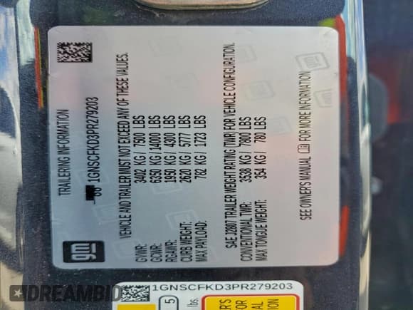 ✅ 2023 Chevrolet Suburban Premier • VIN: 1GNSCFKD3PR279203 • Lot: 92680155. Listed on Copart with 96,770 mi. Free auction sales archive from the USA and detailed vehicle history report at DreamBid. Image 13.